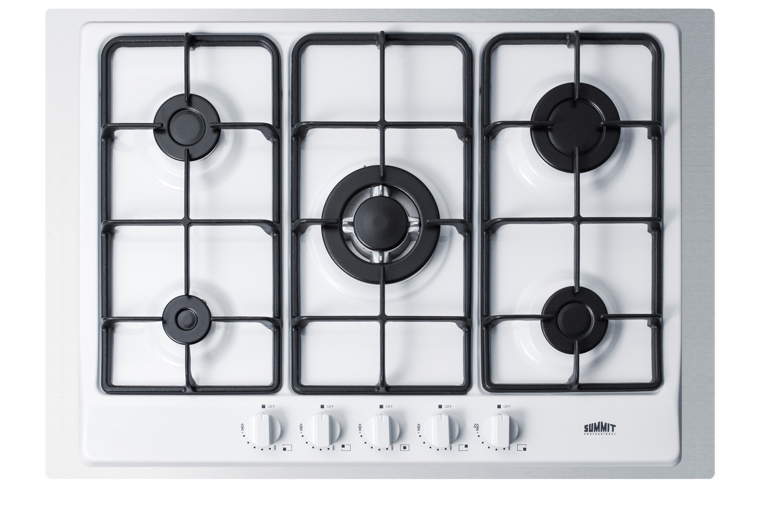 5-burner gas cooktop made in Italy in white finish with sealed burners, cast iron grates, wok stand, and stainless steel frame to allow installation in 30